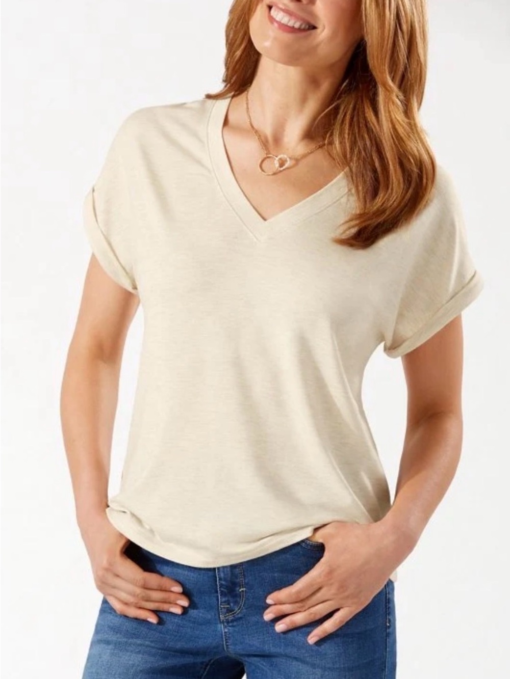 Tommy Bahama Soft Cream V-Neck Rolled Sleeve Tee
